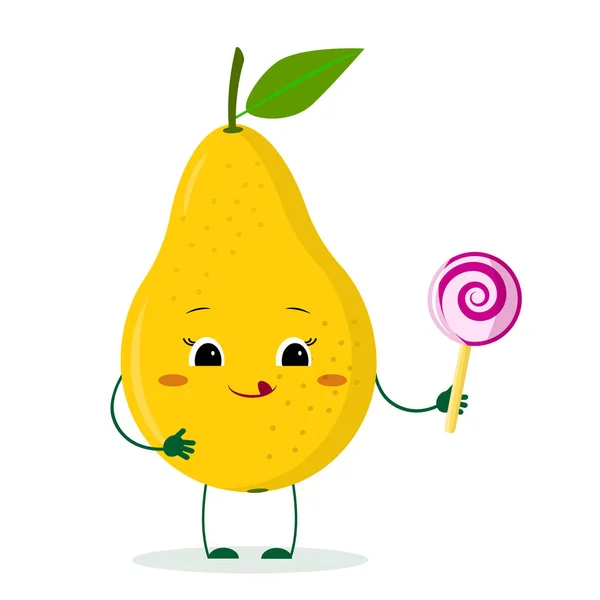 Каваи милый желтый груша фруктовый мультфильм персонаж в короне с леденцом. Логотип, шаблон, дизайн. Векторная иллюстрация, плоский стиль — стоковый вектор