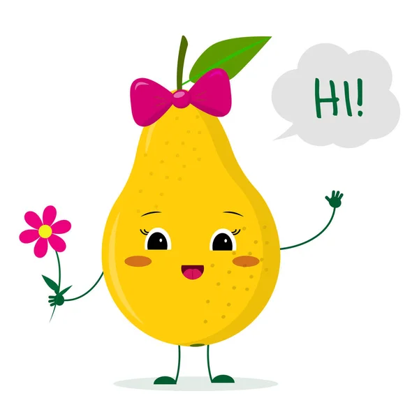 Симпатичный персонаж мультфильма "Кавайи" из желтого горошка с розовым бантом, держащим цветок и сварливым. Логотип, шаблон, дизайн. Векторная иллюстрация, плоский стиль — стоковый вектор