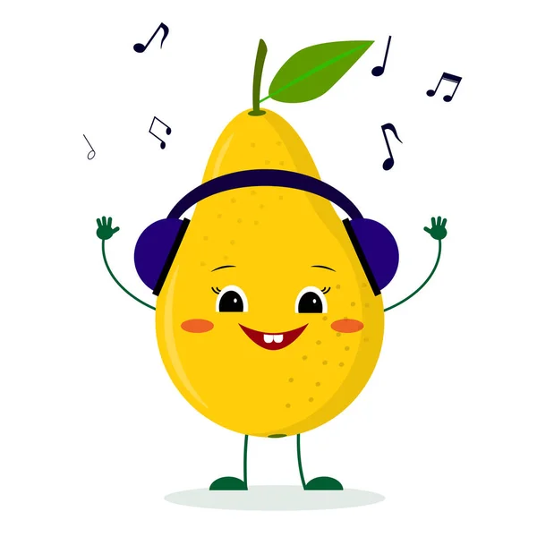 가와이 귀여운 노란색 배 과일 캐릭터 만화 스타일의 헤드폰으로 음악을 듣고. 로고, 템플릿, 디자인. 일러스트레이션, 플랫 스타일 — 스톡 벡터