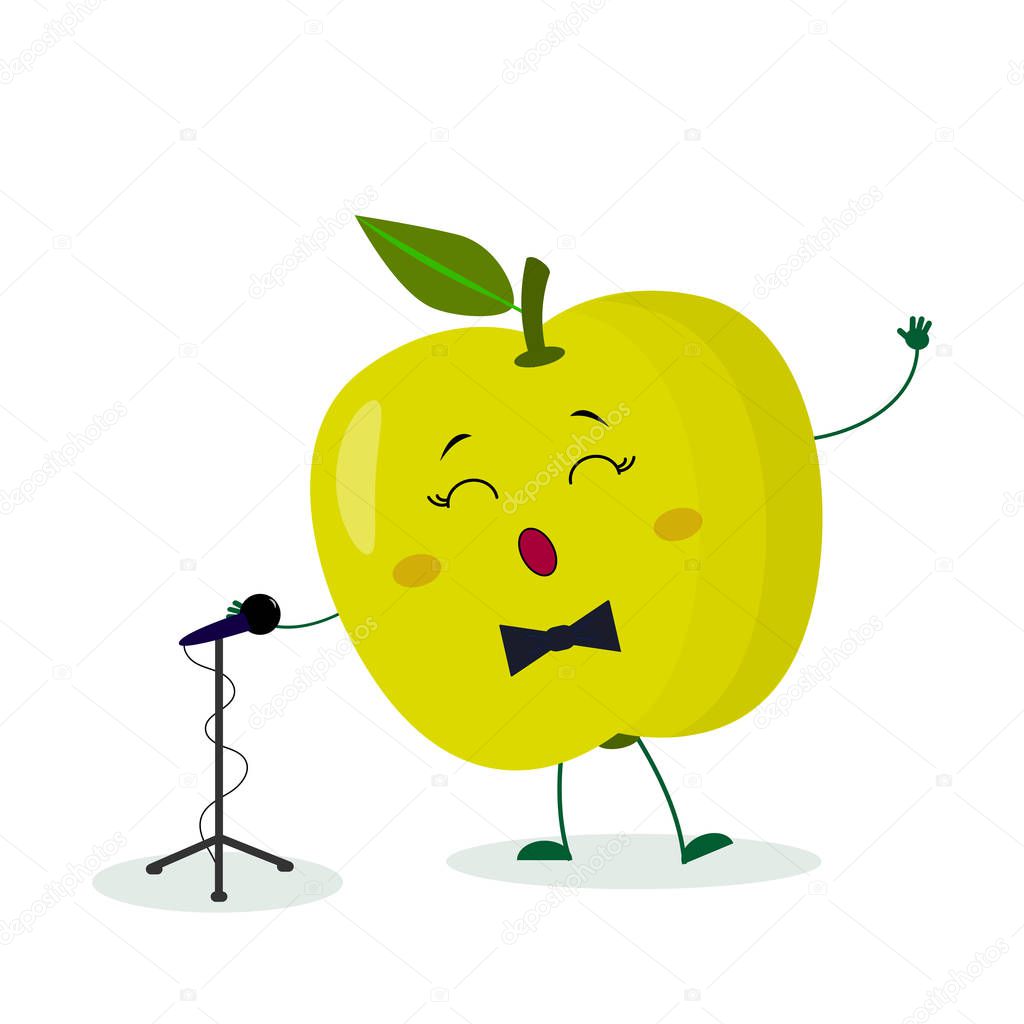 Kawai cute fruit green apple singer with a bow tie sings into the microphone. Cartoon style character. Logo, template, design. Vector illustration, flat style