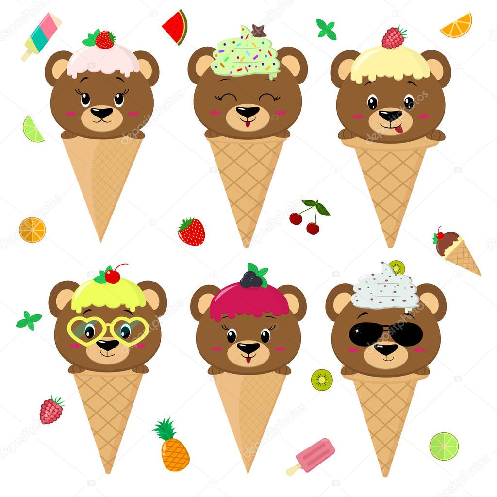 Set collection of six brown bears in the image of ice cream. A frosting ice cream with a berry, in a cartoon style, sits in a waffle cone on the head. Fruits and berries. Flat, vector illustration