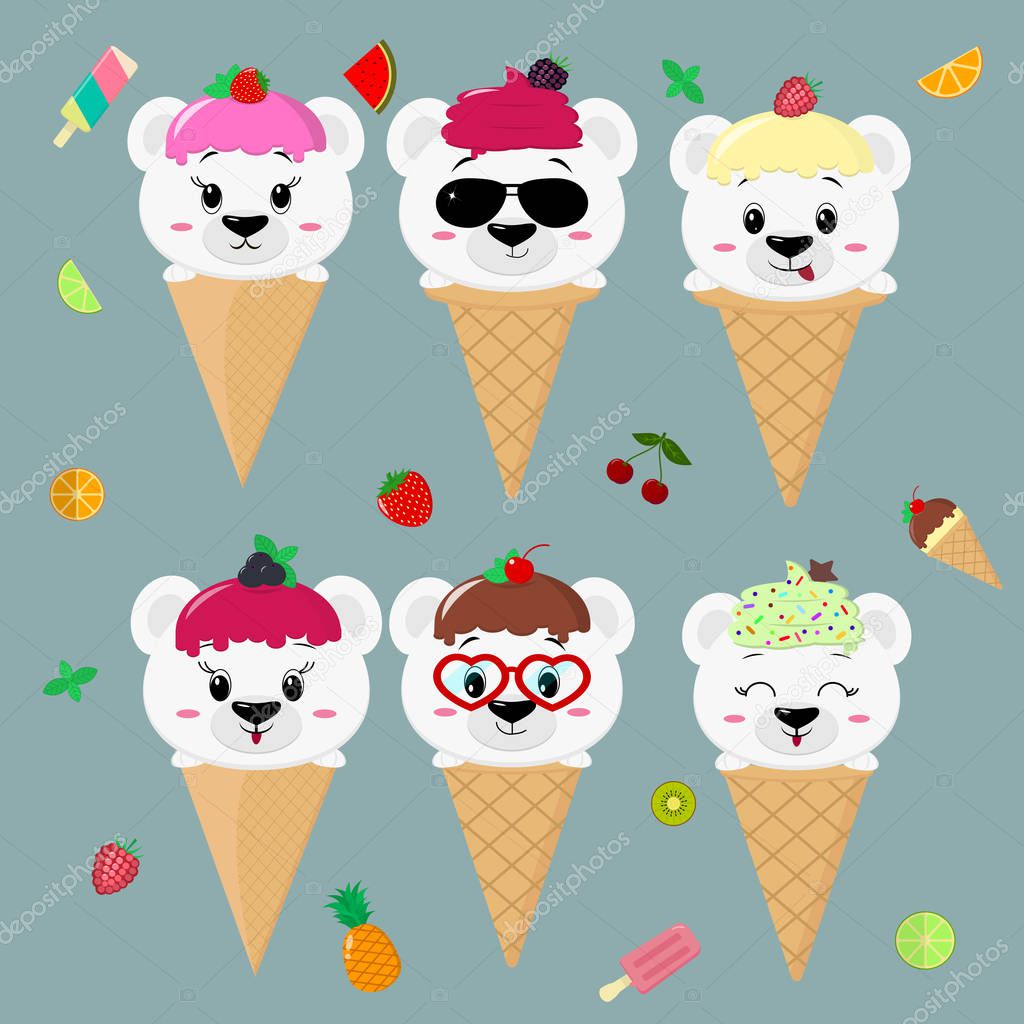 Set collection of six polar bears in the image of ice cream. A frosting ice cream with a berry, in a cartoon style, sits in a waffle cone on the head. Fruits and berries. Flat, vector illustration