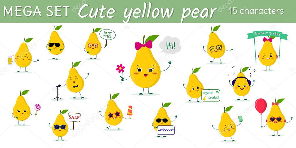 Mega set of fifteen cute kawaii yellow pear fruit characters in various poses and accessories in cartoon style. Vector illustration, flat design