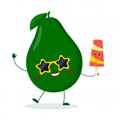 Renkli bir dondurma elinde güneş gözlüğü yıldız Kawaii sevimli avokado meyve karakteri. Logo, şablon, tasarım. Vektör illüstrasyon, düz stil