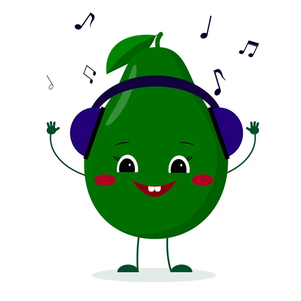Кавайи симпатичный фруктовый персонаж в стиле мультфильма, слушающий музыку в наушниках. Логотип, шаблон, дизайн. иллюстрация, плоский стиль — стоковый вектор