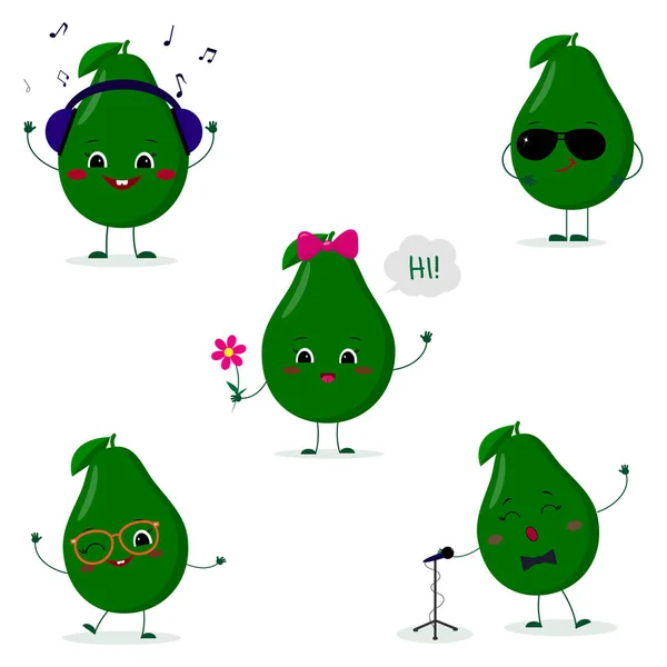 Набор из пяти кавайских милых фруктов авокадо в стиле мультфильма. В наушниках, в солнечных очках, танцующих в очках, с цветком, поющих в микрофон. Плоская, векторная иллюстрация — стоковый вектор