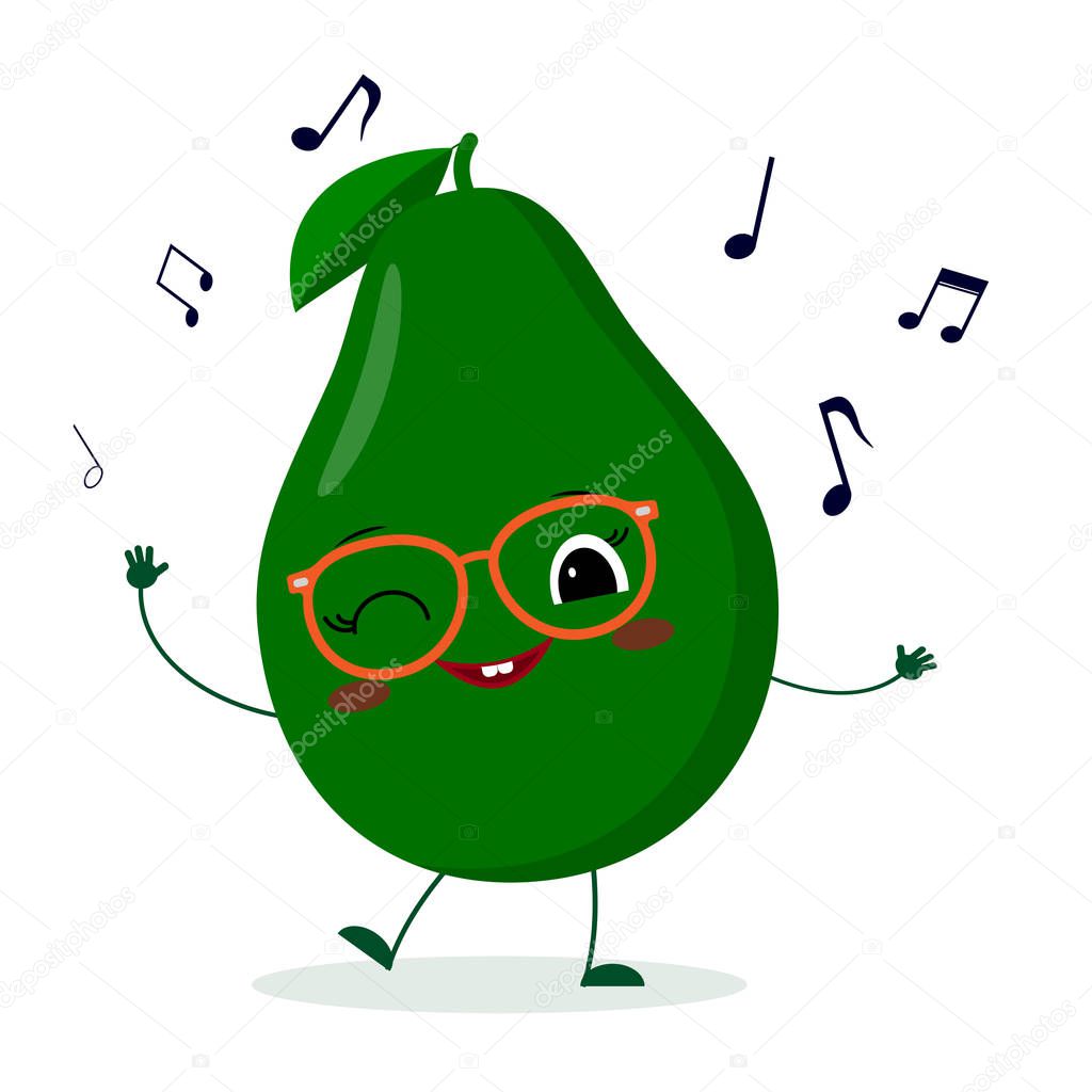 Kawaii cute avocado fruit cartoon character in glasses dances to music. Logo, template, design. Vector illustration, a flat style