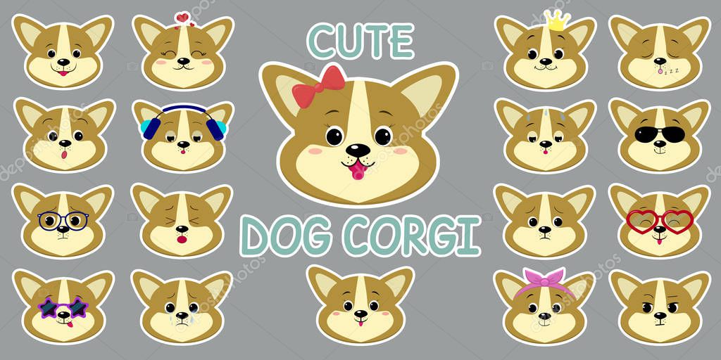 White stroke sticker, cute corgi puppy dog head, mega set of different emotions and accessories. Cartoon style, flat design, vector illustration.