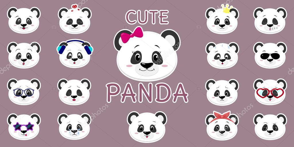 White stroke sticker, cute panda bear head, mega set of different emotions and accessories. Cartoon style, flat design, vector illustration