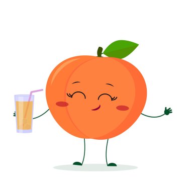 Kawaii sevimli şeftali meyve karikatür meyve karakteri suyu ile bir bardak tutarak. Logo, şablon, tasarım. Vektör illüstrasyon, düz stil