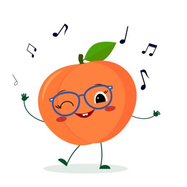 Gözlük Kawaii sevimli şeftali meyve çizgi film karakteri müzik dansları. Logo, şablon, tasarım. Vektör illüstrasyon, düz bir stil