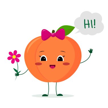 Kawaii bir çiçek tutan pembe bir yay ile sevimli şeftali meyve çizgi film karakteri ve ağırlıyor. Logo, şablon, tasarım. Vektör illüstrasyon, düz bir stil