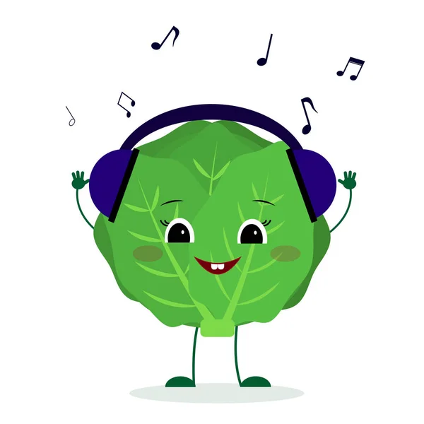 Kawaii carino cavolo personaggio vegetale in stile cartone animato ascoltare musica con le cuffie. Logo, modello, design. illustrazione, stile piatto — Vettoriale Stock