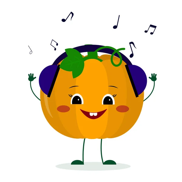Kawaii lindo personaje de calabaza vegetal en estilo de dibujos animados escuchando música con auriculares. Logo, plantilla, diseño. illust, estilo plano — Archivo Imágenes Vectoriales