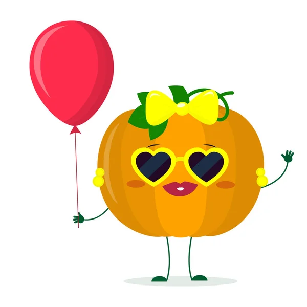 Kawaii bonito abóbora vegetal desenho animado personagem óculos de sol corações e brincos. Tem um balão de ar vermelho. Logotipo, modelo, design. Ilustração vetorial, um estilo plano — Vetor de Stock