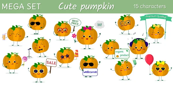 Mega conjunto de quince personajes de calabaza kawaii lindo vegetal en varias poses y accesorios en estilo de dibujos animados. Ilustración vectorial, diseño plano — Vector de stock