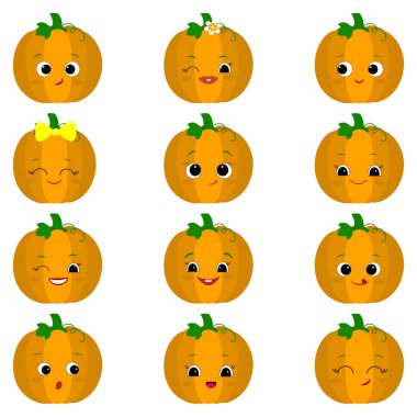 Çizgi film tarzında on iki sevimli kawaii kabak sebze karakterleri farklı duygu ve aksesuarları ayarlayın. Vektör illüstrasyon, düz tasarım.