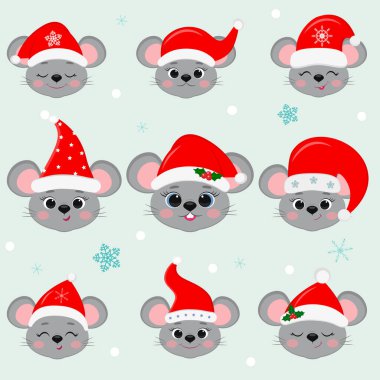 Happy New Year and Merry Christmas. Set of nine cute mouse rat heads in Santa s hat. Year of the rat. Cartoon, flat style, vector clipart