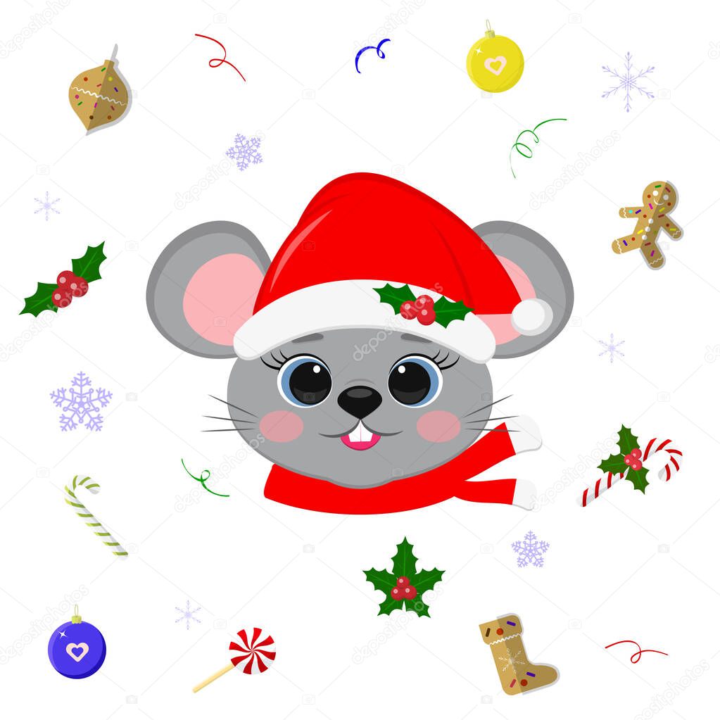 Happy New Year and Merry Christmas. Cute mouse or rat with blue eyes in a Santa hat and scarf. Christmas elements. Year of the rat. Cartoon, flat style, vector