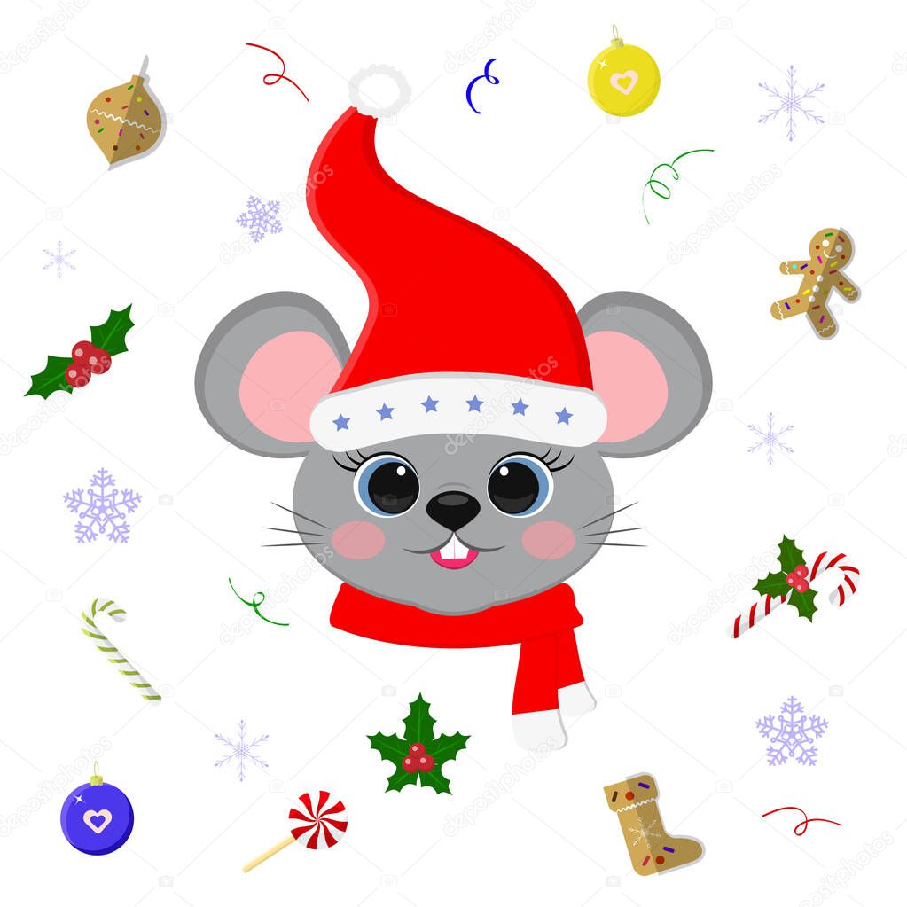 Happy New Year and Merry Christmas. Cute mouse or rat with blue eyes in a Santa hat and scarf. Christmas elements. Year of the rat. Cartoon, flat style, vector