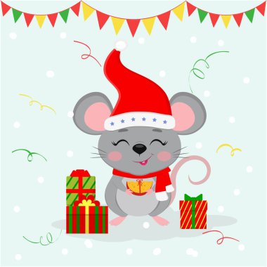 Mutlu yıllar ve mutlu Noeller. Şirin fare, şapkalı ve Noel Baba atkısı takmış fare, elinde kurdeleli bir peynir parçası tutuyor. Fare Yılı 2020. Çizgi film, düz biçim, vektör