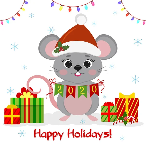 새해 복 많이 받으시고 메리 크리스마스 도요. 산타 모자를 쓴 쥐인 귀여운 쥐는 2020 년에 깃발을 들고 있습니다. 쥐의 해였습니다. 만화, 평면, 벡터 — 스톡 벡터