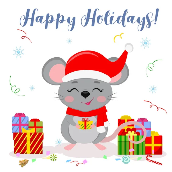 새해 복 많이 받으시고 메리 크리스마스 도요. 귀여운 쥐, 모자를 쓴 눈을 감고 산타 스카프를 두른 쥐는 선물 상자를 들고 있다. 2020 년 쥐의 해입니다. 만화, 평면, 벡터 — 스톡 벡터