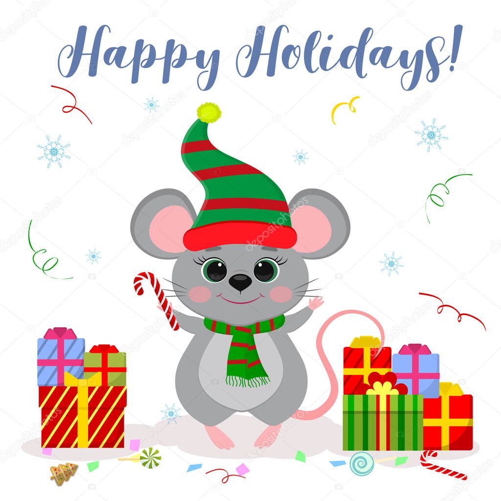 Happy New Year and Merry Christmas. A cute mouse, a rat in an elf hat and scarf holds a lollipop. Year of the Rat 2020. Cartoon, flat style, vector