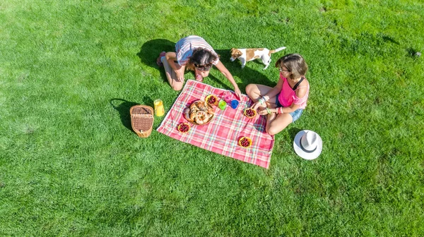 Amigas Con Perro Haciendo Picnic Parque Chicas Sentadas Hierba Comiendo —  Fotos de Stock