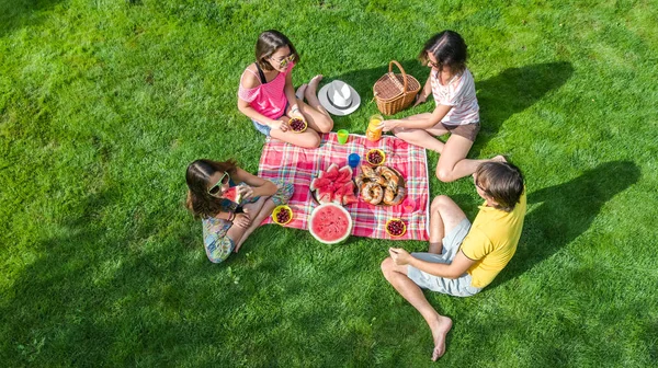 Happy Family Having Picnic Park Parents Kids Sitting Grass Eating — Stock Photo, Image