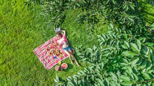 美丽的年轻女孩在草地上放松 在户外公园的夏季野餐 从上面鸟瞰 — 图库照片