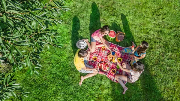 Lycklig Familj Picknick Parken Föräldrar Med Barn Sitter Gräset Och — Stockfoto