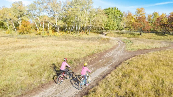 自転車での家族秋のサイクリング屋外 自転車でのアクティブな母親と子供 秋の公園で子供と一緒に幸せな家族の空中ビュー スポーツとフィットネスの概念 — ストック写真
