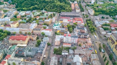 Kiev cityscape, Podol tarihsel bölge manzarası yukarıdan, şehir Kiev, Ukrayna Hava üstten görünüm