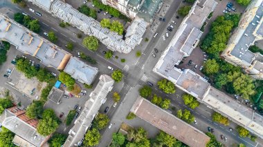 Kiev cityscape, Podol tarihsel bölge manzarası yukarıdan, şehir Kiev, Ukrayna Hava üstten görünüm