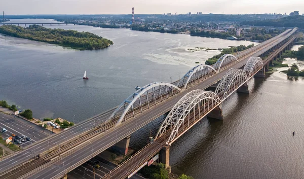 Aerial Top View Automobile Railroad Darnitsky Bridge Dnieper River Kiev — Stock Photo, Image