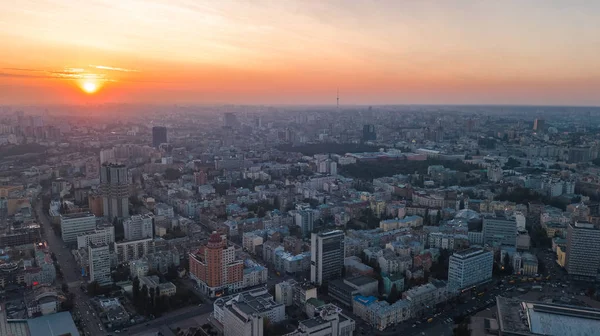Luchtfoto Bovenaanzicht Van Skyline Van Stad Kiev Zonsondergang Kiev Center — Stockfoto