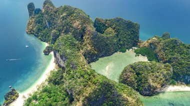 Aerial drone view of tropical Koh Hong island in blue clear Andaman sea water from above, beautiful archipelago islands and beaches of Krabi, Thailand clipart