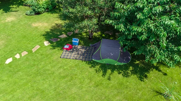 Vue Aérienne Camping Haut Tente Matériel Camping Sous Arbre Vacances — Photo