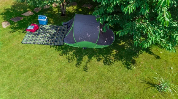 Aerial Top View Campsite Tent Camping Equipment Tree Family Vacation — Stock Photo, Image