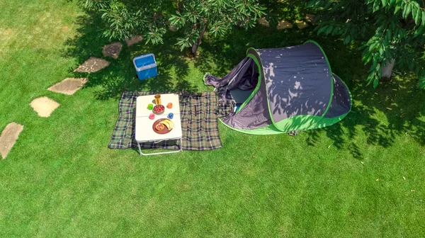 Vue Aérienne Camping Haut Tente Matériel Camping Sous Arbre Vacances — Photo