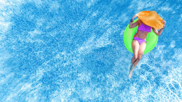 Beautiful Young Woman Hat Swimming Pool Aerial Top View Young — Stock Photo, Image