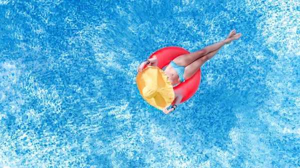 Beautiful Young Woman Hat Swimming Pool Aerial Top View Young — Stock Photo, Image