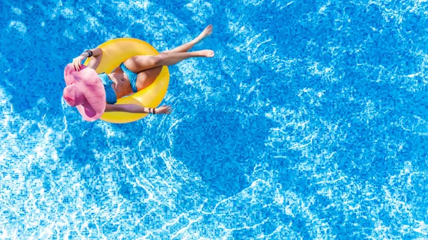 Beautiful Young Woman Hat Swimming Pool Aerial Top View Young — Stock Photo, Image