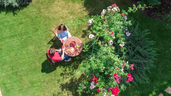 Pareja Joven Disfrutando Comida Vino Hermoso Jardín Rosas Una Cita —  Fotos de Stock