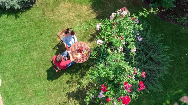 Jovem Casal Desfrutando Comida Vinho Belo Jardim Rosas Data Romântica — Fotografia de Stock