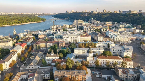 Flyg Topputsikt Över Kiev Stadsbild Dnepr River Och Podol Historical — Stockfoto