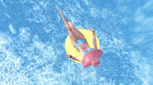 Beautiful Woman Hat Swimming Pool Aerial Top View Young Girl — Stock Photo, Image