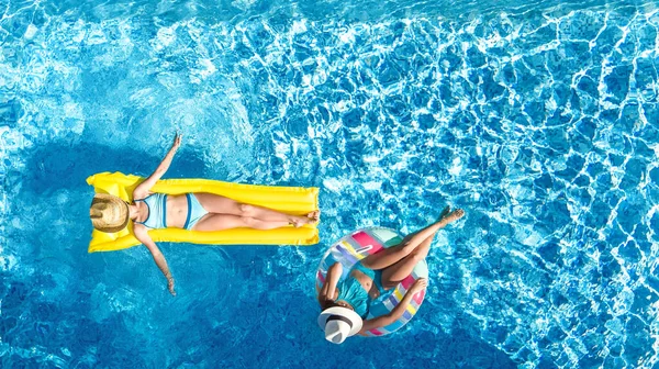 Children Swimming Pool Aerial Drone View Fom Happy Kids Swim — Stock Photo, Image