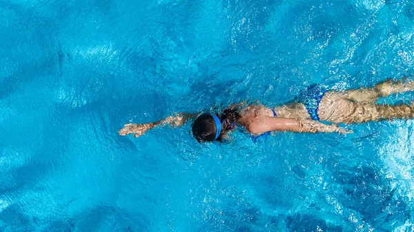 Active Girl Swimming Pool Aerial Drone View Young Woman Swims Royalty Free Stock Images